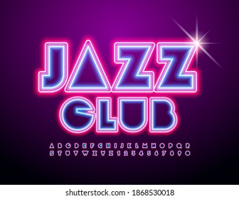 Vector Event Flyer Jazz Club. Neon Abstract Font. Glowing Light Alphabet Letters And Numbers Set