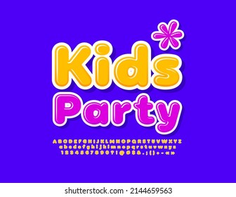 Vector event flyer Kids Party with decorative Flower. Cute bright Font. Bright Alphabet Letters, Numbers and Symbols set