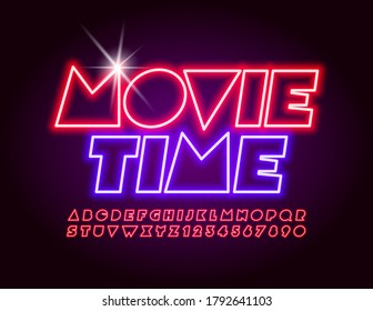 Volante de eventos de vectores Tiempo de película. Fuente Neon roja. Letras y números de alfabeto con brillo abstracto