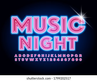 Vektorereignisflyer Musiknacht. Kreative Neonschriftart. Abstrakter, leuchtender Alphabet-Buchstaben- und -Nummernsatz