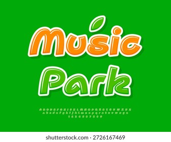 Vector Volante de eventos Music Park. Fuente brillante creativa. Conjunto de letras y números del alfabeto verde escrito a mano.