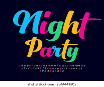 Vector event flyer Night Party with colorful handwritten Font. Decorative set of cursive Alphabet Letters and Numbers