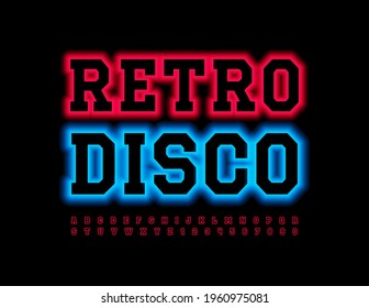 Vector event flyer Retro Disco with illuminated Font. Set of Red Glowing Alphabet Letters and Numbers