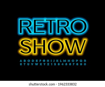 Vector event flyer Retro Show mit Blue Neon Alphabet Buchstaben und Zahlen gesetzt. Helle glänzende Schriftart