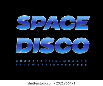 Vector event flyer Space Disco with futuristic Blue and Metal Font. Glossy Alphabet Letters and Numbers set