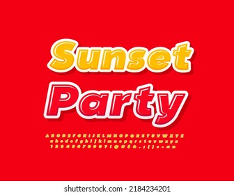 Vector Event Flyer Sunset Party. Bright Yellow Font. Stylish Alphabet Letters, Numbers And Symbols Set