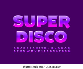 Volante de eventos vectoriales Super Disco. Fuente de degradado violeta. Brillante conjunto de letras y números alfabetos creativos