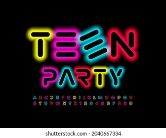 Vector event flyer Teen Party. Futuristic glowing Font. Neon bright Alphabet Letters and Numbers set