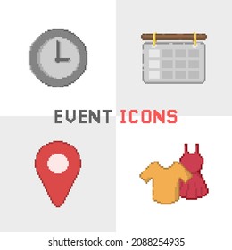 Vector of event or party icons for invite card and other. Time, date, location or venue, and dresscode icon in pixel art style. Set. Bit. 