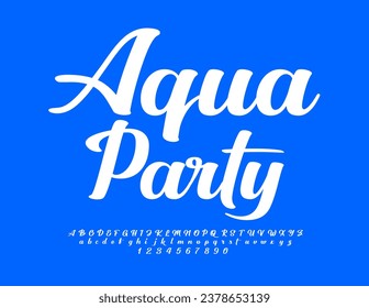 Afiche del evento vectorial Aqua Party. Fuente cursiva blanca. Estilo artístico Alfabeto Letras y números establecidos