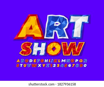 Afiche de eventos vectores en la exposición de arte. Fuente de plegado colorida. Papel arruinado Alfabeto Cartas y números establecidos