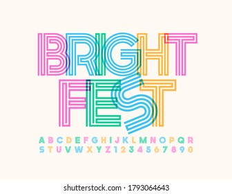 Afiche de evento vectorial Bright Fest con letras y números de alfabeto de laberinto abstracto. Fuente de color creativa