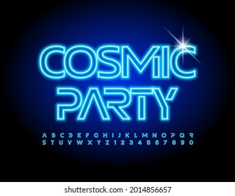 Vector event poster Cosmic Party. Futuristic electric Font. Blue neon Alphabet Letters and Numbers set