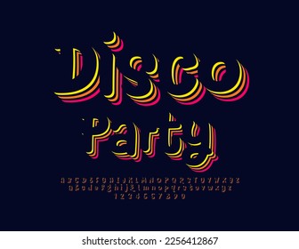 Vector Event poster Disco Party with 3D trendy Font. Bright artistic Alphabet Letters, Numbers and Symbols set