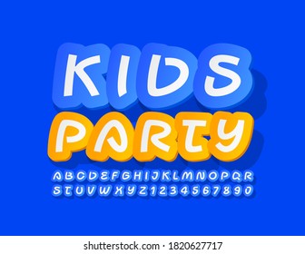 Vector event poster Kids Party. Blue sticker Font. Bright Handwritten Alphabet Letters and Numbers set