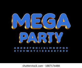 Vector event poster Mega Party. 3D Blue and Gold Font. Luxury style Alphabet Letters and Numbers set