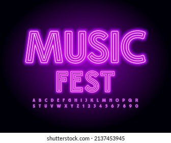 Vector event poster Music Fest. Violet Neon Font. Led Illuminated Alphabet Letters and Numbers set