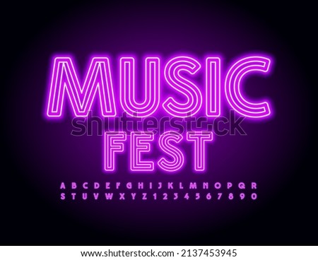 Vector event poster Music Fest. Violet Neon Font. Led Illuminated Alphabet Letters and Numbers set