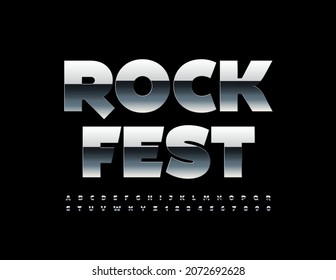 Vector event poster Rock Fest. Glossy metallic Font. Reflective Alphabet Letters and Numbers set