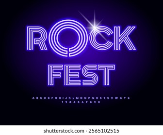 Vector event poster Rock Fest. Light Tube Font. Purple Neon maze Alphabet Letters and Numbers set