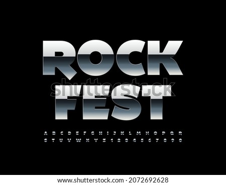 Vector event poster Rock Fest. Glossy metallic Font. Reflective Alphabet Letters and Numbers set