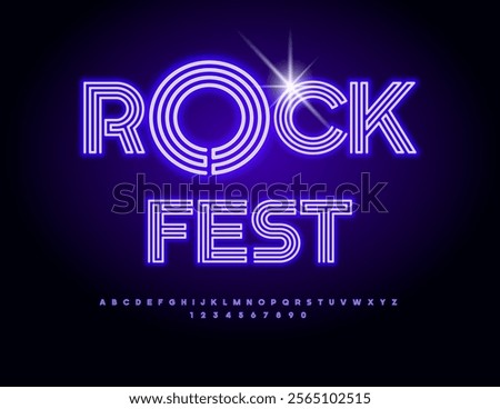 Vector event poster Rock Fest. Light Tube Font. Purple Neon maze Alphabet Letters and Numbers set