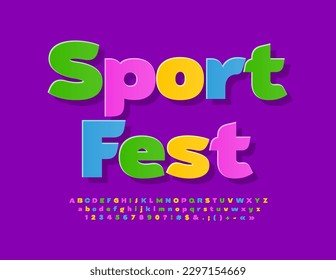 Vector event poster Sport Fest with sticker style Alphabet Letters, Numbers and Symbols set. Colorful trendy Font