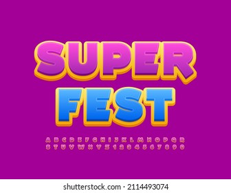 Vector event poster Super Fest with funny Purple and Yellow Font. Playful Alphabet Letters and Numbers for Kids