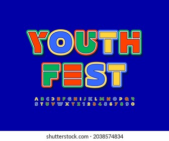 Vector event poster Youth Fest. Trendy style Font. Bright Alphabet Letters and Numbers set