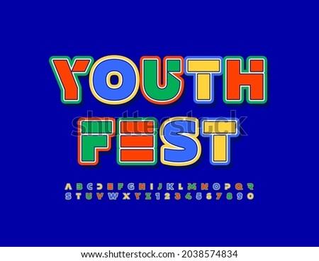 Vector event poster Youth Fest. Trendy style Font. Bright Alphabet Letters and Numbers set