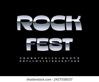 Vector event sign Rock Fest. Cool Metallic Font. Trendy Silver Alphabet Letters and Numbers set.