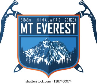 Vector Everest Mountain Logo. Emblem With Highest Peack In World. Mountaineering Label Illustration.