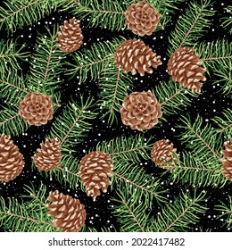 Vector evergreen Christmas tree seamless pattern background with hand drawn pine tree branches and snow.