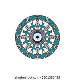 Vector evil eye amulet with rope ornament and cross or brooch on white background.
