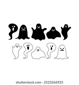 Vector evil ghost in outline and silhouette