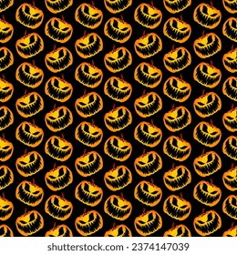 vector evil halloween pumpkin seamless pattern black orange jack o lantern repeating tile, dark spooky halloween backdrop repeat background, funny creepy scary pumpkin october halloween wrapping paper