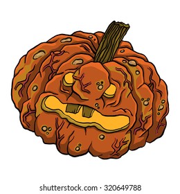 Vector evil pumpkin for Halloween party. Illustration of funny rotten pumpkin.