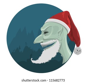 Vector evil Santa Claus in red hat with horror background