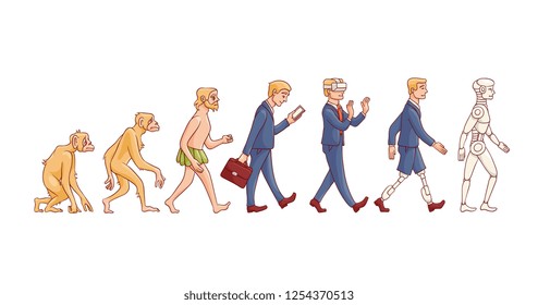 Vector evolution concept with ape to cyborg and robots growth process with monkey, caveman to businessman in suit, artificial legs person and robotic creature. Mankind development