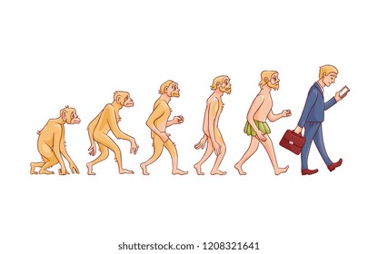 Vector evolution concept with ape to man growth process with monkey, caveman to businessman in suit holding suitcase using smartphone. Mankind development, darwin theory