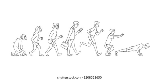 Vector evolution concept with ape to man growth process with monkey, caveman to businessman in suit and to sportsman working out. Mankind development, darwin theory