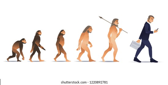 Vector evolution concept with ape to man growth process with monkey, caveman to businessman in suit holding suitcase using smartphone. Mankind development, darwin theory