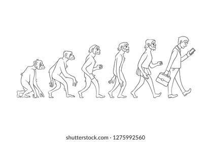 Vector evolution concept with monochrome ape to man growth process with monkey, caveman to businessman in suit holding suitcase using smartphone. Mankind development, darwin theory