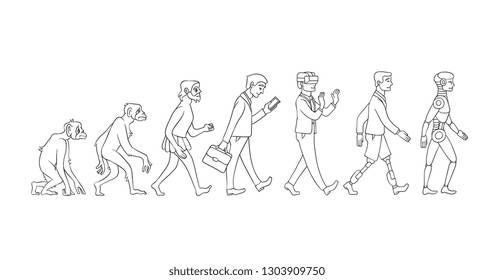 Vector evolution concept with monochrome ape to cyborg and robots growth process with monkey, caveman to businessman in suit, artificial legs person and robotic creature. Mankind development