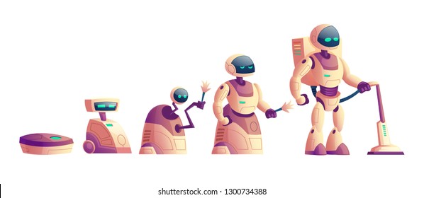 Vector evolution of robots, technological revolution from primitive wheeled vacuum cleaner to humanoid cyborg. Cartoon collection of home appliance isolated on white background.Artificial intelligence