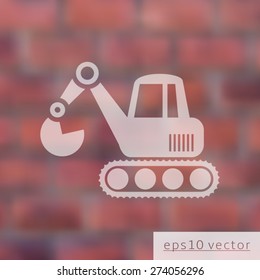 Vector excavator icon on brick wall blurred background