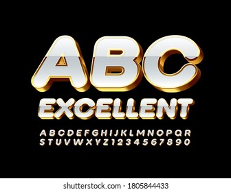 Vector Excelente Alfabeto. Tipografía 3D blanca y dorada. Lujoso juego de letras y números de lujo