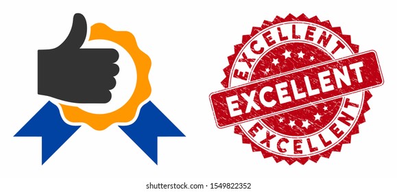 Vector excellent icon and distressed round stamp seal with Excellent caption. Flat excellent icon is isolated on a white background. Excellent stamp seal uses red color and dirty surface.