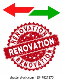 Vector exchange arrows icon and distressed round stamp seal with Renovation phrase. Flat exchange arrows icon is isolated on a white background.