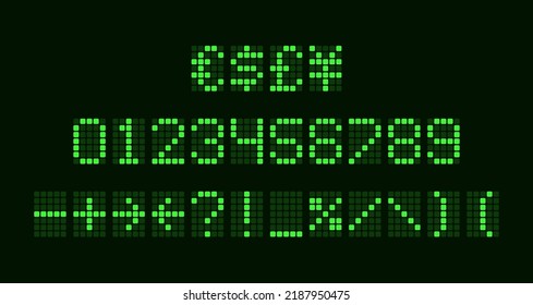 Vector exchange money rate green screenboard. Sport billboard score. Neon led display typeface mockup. Web airport arrival panel. Digital numbers and signs. Financial pixel icon set. Binary font svg